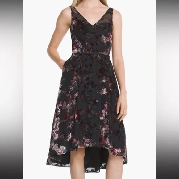 White House Black Market Black Floral Velvet 90s Inspired Formal Midi Dress - Picture 1 of 13